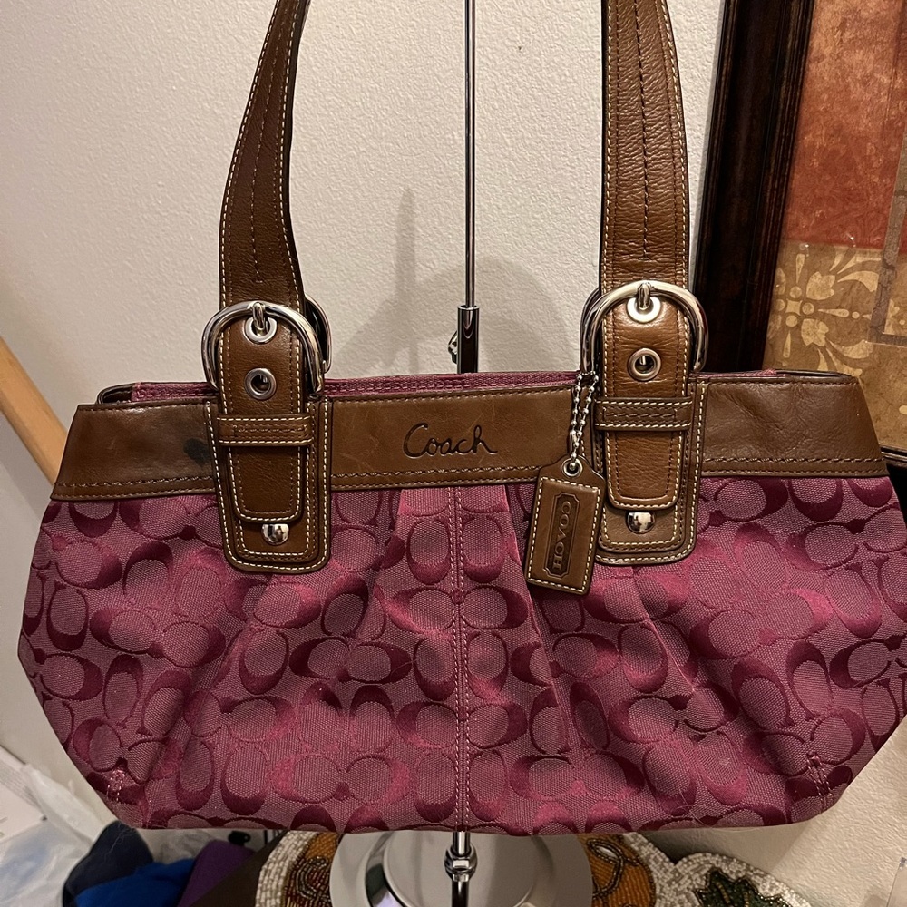 Coach Burgundy Shoulder Bag. Dark Brown Buckle Detail Leather Handles & Trim.EUC - Picture 4 of 9